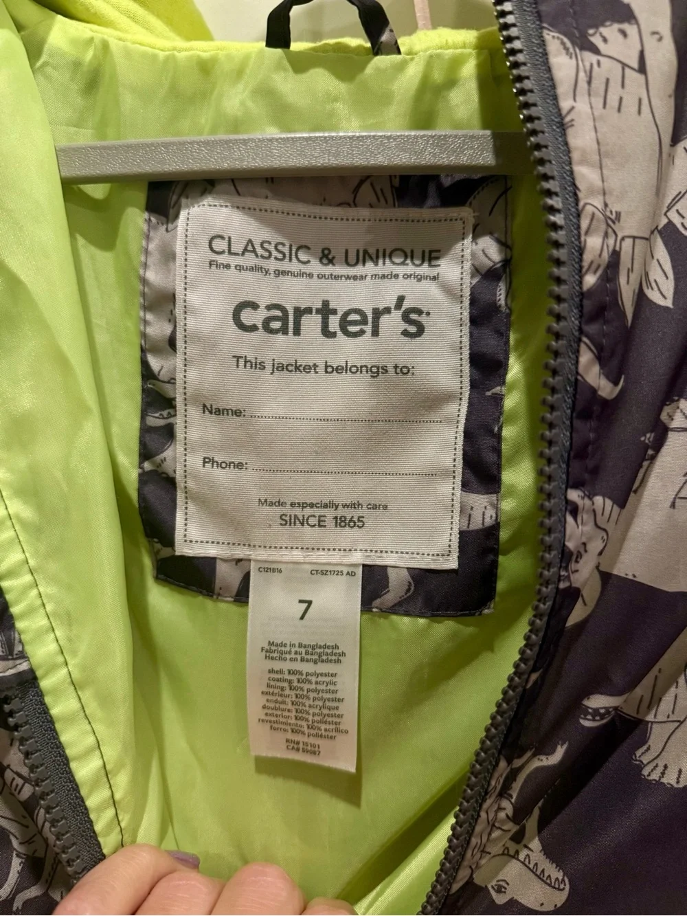 Carter's Hooded Windbreaker Jacket Dinosaur Print